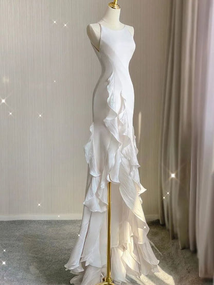 Elegant White Round Neck Slim Fit Sleeveless Dress Evening Party Gown with Ruffles HZ1024