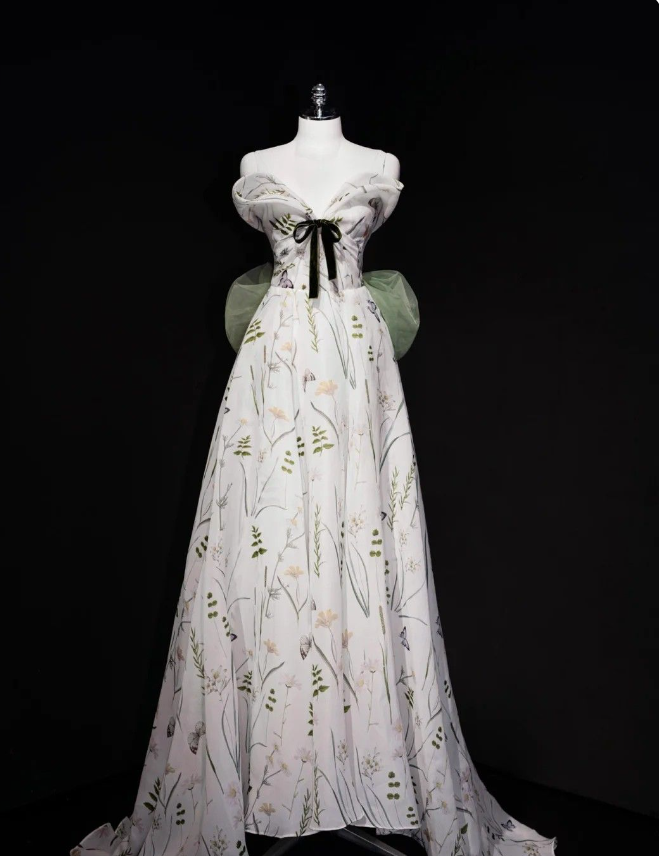 White A-Line Floral Strapless Strapless Bowknot Floor Length Prom Dresses HZ1024