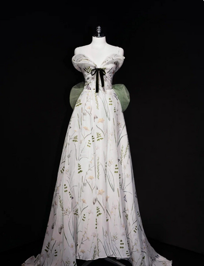 White A-Line Floral Strapless Strapless Bowknot Floor Length Prom Dresses HZ1024
