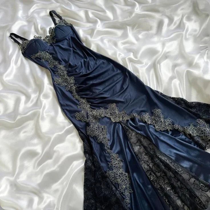 Sexy Navy Blue Mermaid Lace Halter Dresses Party Dresses HZ1024
