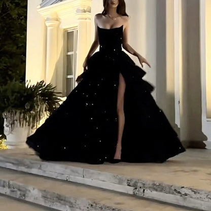Gorgeous Shiny Sequin Black A-Line Strapless High-slit Floor-length Prom Dresses Evening Dress HZ1024