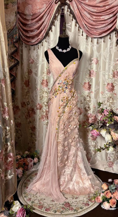 Vintage Pink A-line Strap 3D Floral Tulle Floor Length Ball Gown Evening Dress HZ1024