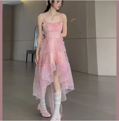 Sweet Pink Birthday Party Dress Strapless Layered High Low Homecoming Dress HZ1024