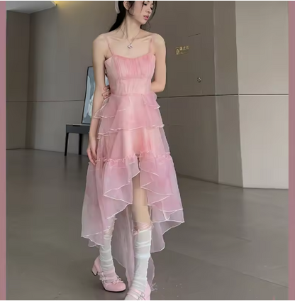 Sweet Pink Birthday Party Dress Strapless Layered High Low Homecoming Dress HZ1024