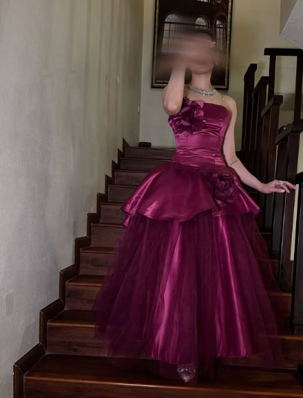 Rose Pink A-line Off-shoulder Sleeveless Satin 3D Floral Tulle Formal Prom Dress Evening Gown HZ1024