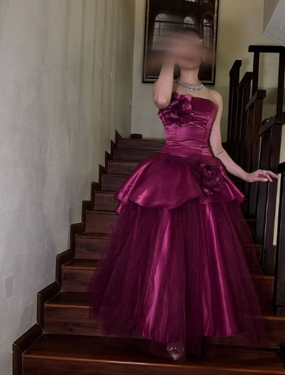 Rose Pink A-line Off-shoulder Sleeveless Satin 3D Floral Tulle Formal Prom Dress Evening Gown HZ1024