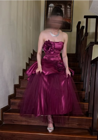 Rose Pink A-line Off-shoulder Sleeveless Satin 3D Floral Tulle Formal Prom Dress Evening Gown HZ1024
