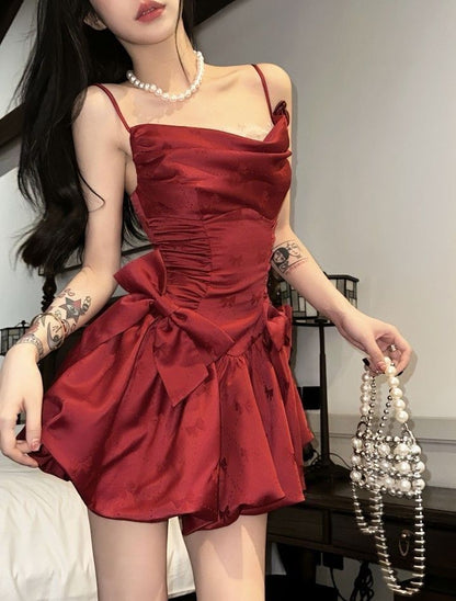 Beautiful Red Spaghetti Strap Bow Short Birthday Party Dress Homecoming Dress HZ1024