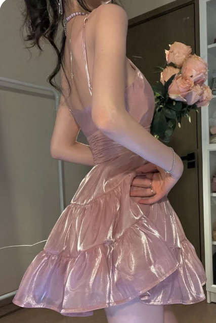 Sweet Pink A-line Spaghetti Strap Short Birthday Party Dress Homecoming Dress HZ1024