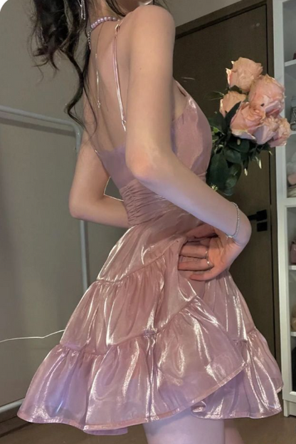 Sweet Pink A-line Spaghetti Strap Short Birthday Party Dress Homecoming Dress HZ1024