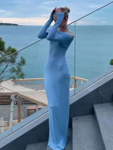 Elegant Off Shoulder Maxi Dress Blue Sexy Bodycon Long Sleeve Party Dress Prom Dress HZ1024