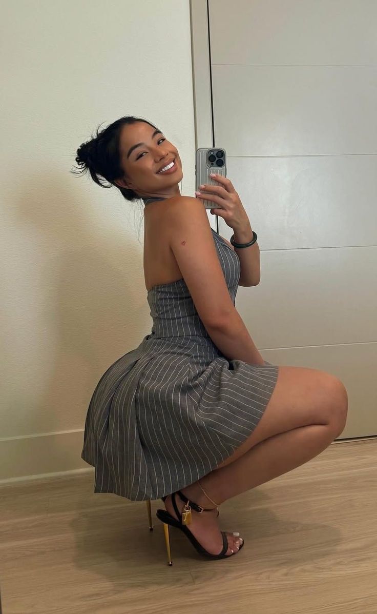 Grey Striped A-Line Halter Neck Mini Party Dress Homecoming Dress HZ1024