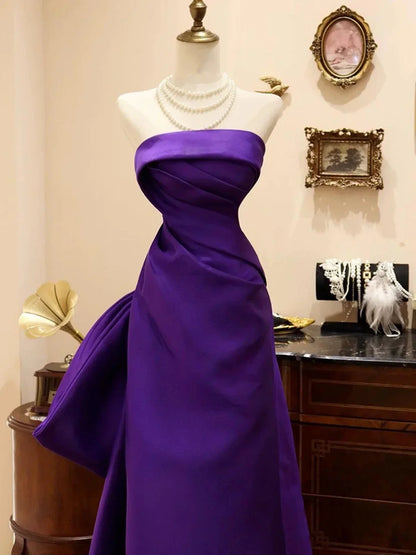 Purple Satin Scoop A-line Floor Length Party Dress, Purple Satin Long Prom Dress with Bow HZ1024