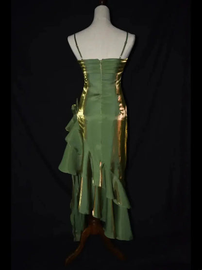Cute Green Straps High Low Satin Chic Party Dress, Green Prom Dress Evening Dress HZ1024