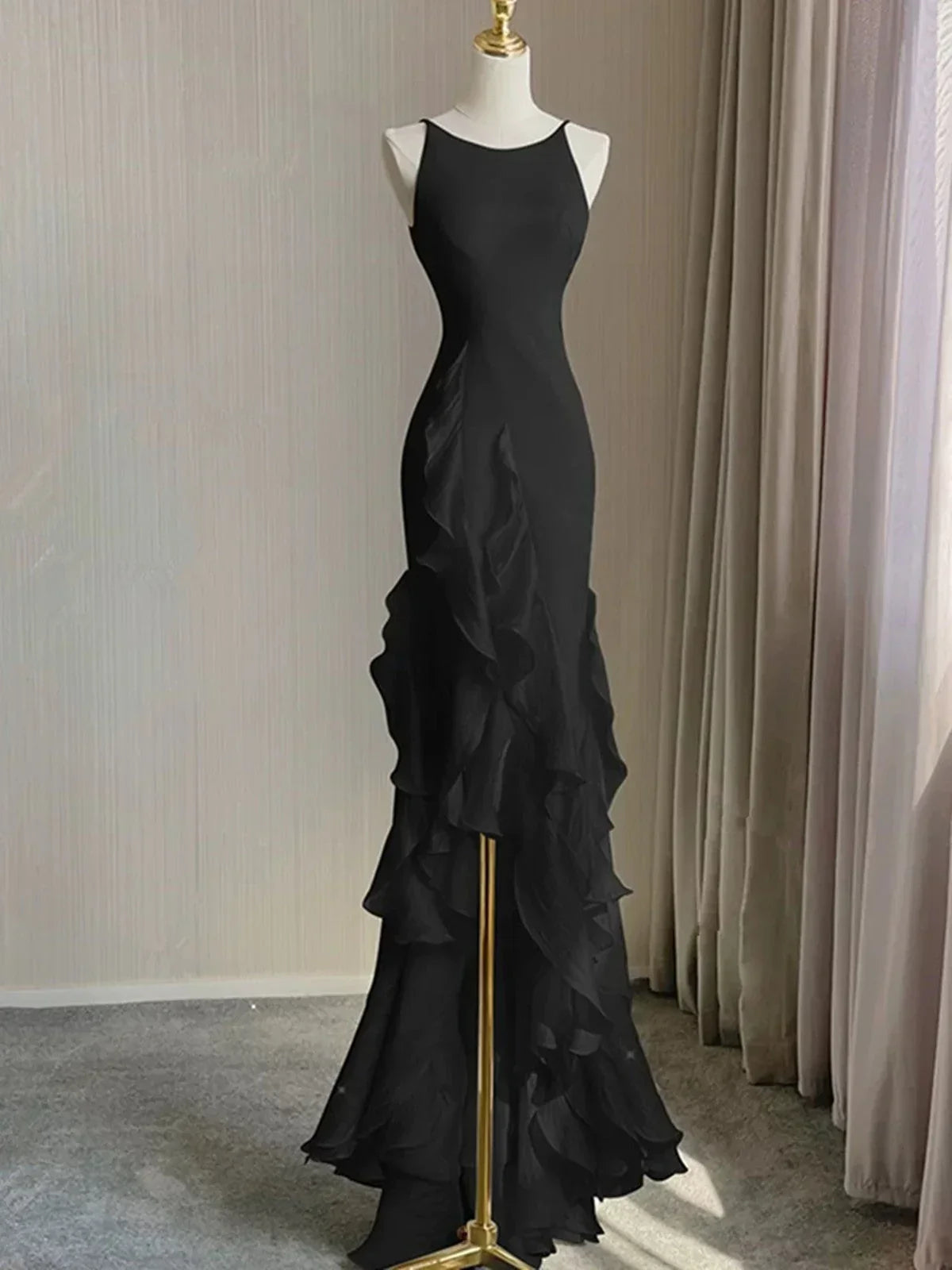 Black Round Neckline Low Back High Low Party Dress, Black Halter Prom Dress HZ1024
