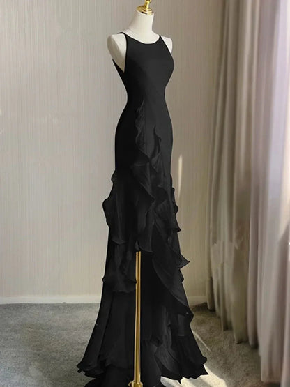 Black Round Neckline Low Back High Low Party Dress, Black Halter Prom Dress HZ1024