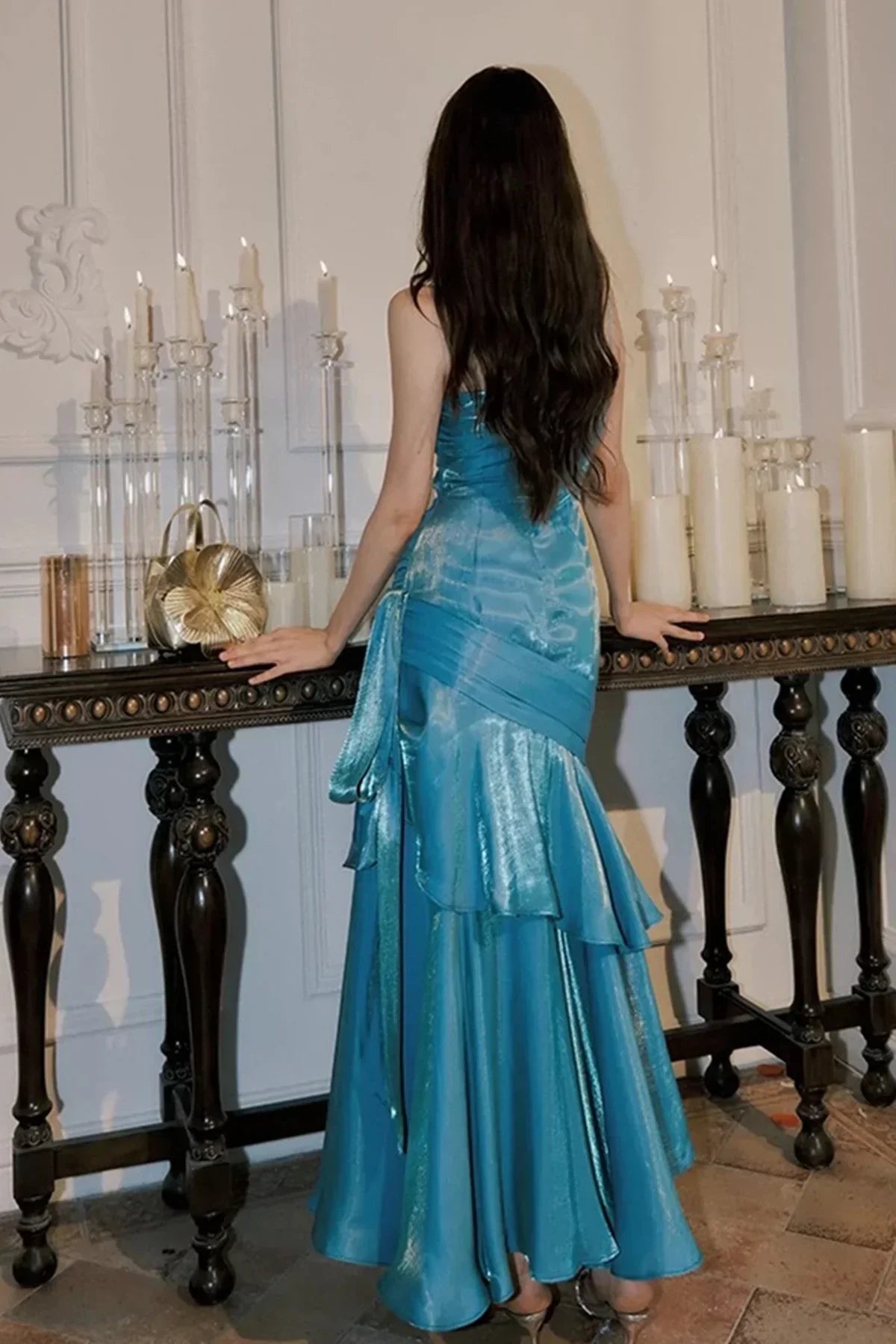 Blue Mermaid Long Sweetheart Floor Length Party Dress, Blue Satin Prom Dress HZ1024