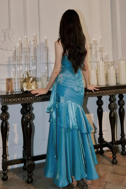 Blue Mermaid Long Sweetheart Floor Length Party Dress, Blue Satin Prom Dress HZ1024