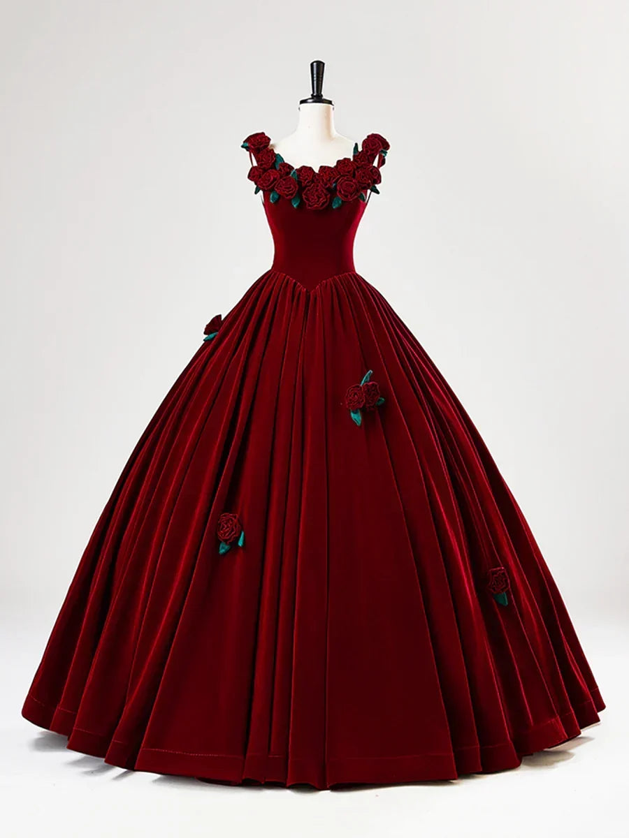 Burgundy Velvet Long Prom Dress with Flower, Beautiful A-Line Formal Party Dress HZ1024