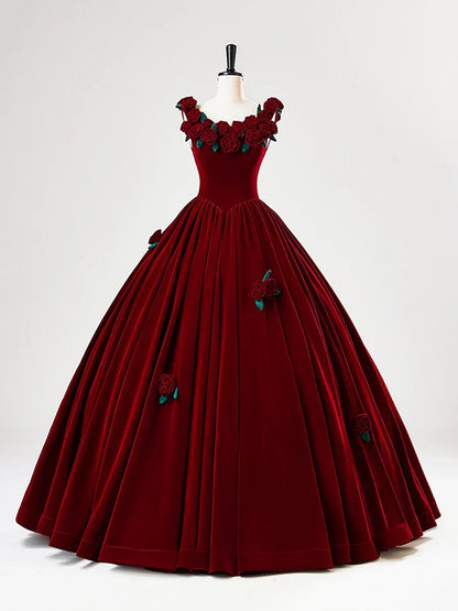 Burgundy Velvet Long Prom Dress with Flower, Beautiful A-Line Formal Party Dress HZ1024