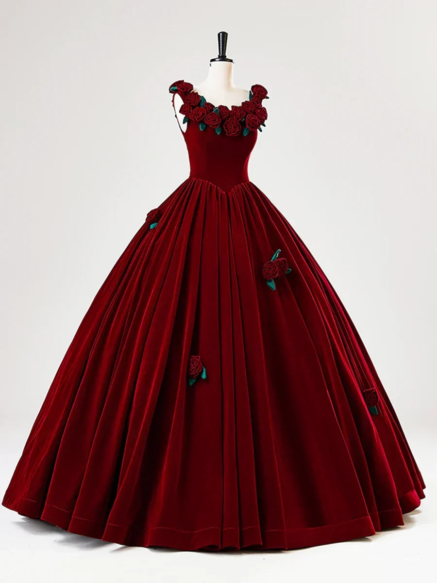 Burgundy Velvet Long Prom Dress with Flower, Beautiful A-Line Formal Party Dress HZ1024