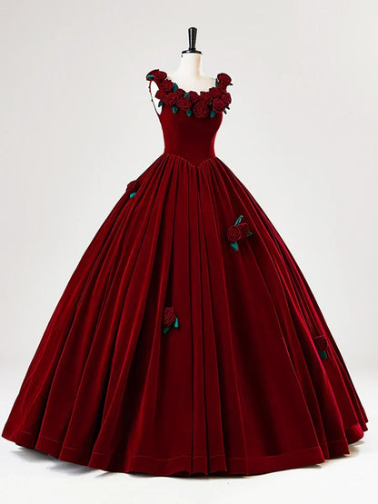 Burgundy Velvet Long Prom Dress with Flower, Beautiful A-Line Formal Party Dress HZ1024