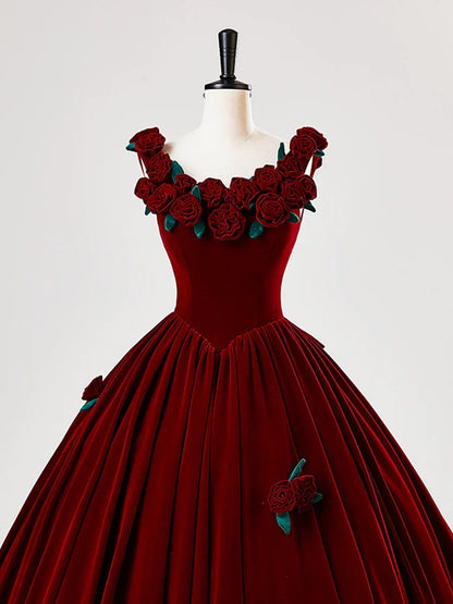 Burgundy Velvet Long Prom Dress with Flower, Beautiful A-Line Formal Party Dress HZ1024