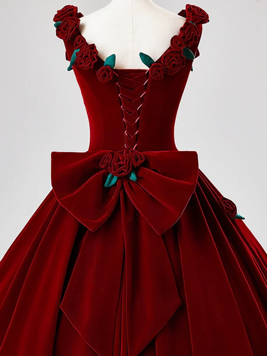 Burgundy Velvet Long Prom Dress with Flower, Beautiful A-Line Formal Party Dress HZ1024