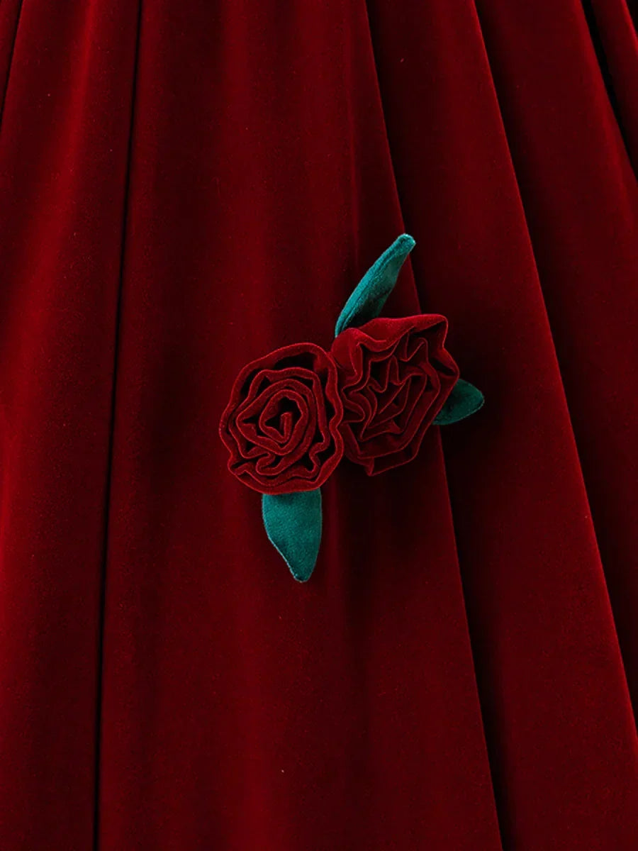 Burgundy Velvet Long Prom Dress with Flower, Beautiful A-Line Formal Party Dress HZ1024