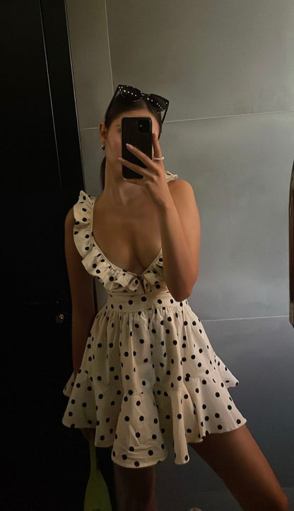 Sexy Black Polka Dot Low Cut Backless Mini Party Dress Prom Dress HZ1024