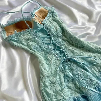 Vintage Blue Strapless A-Line Lace Midi Birthday Party Dress Prom Dress HZ1024