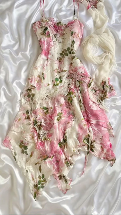 Sexy Pink A-line Printed Strap Chiffon Short Prom Gown Party Dress HZ1024