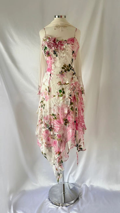 Sexy Pink A-line Printed Strap Chiffon Short Prom Gown Party Dress HZ1024