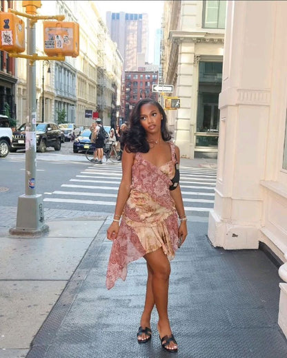 Vintage Printed Chiffon V Neck Irregular Skirt Mini Party Dress Homecoming Dress HZ1024