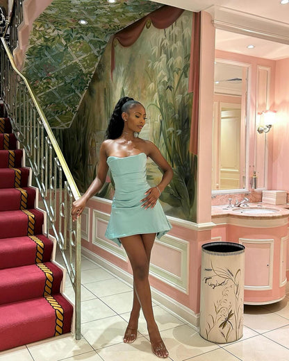 Chic Green Off Shoulder Sleeveless Mini Party Dress Homecoming Dress HZ1024