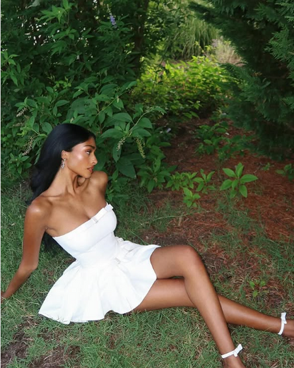 Chic White A-Line Strapless Bow Mini Party Dress Homecoming Dress HZ1024