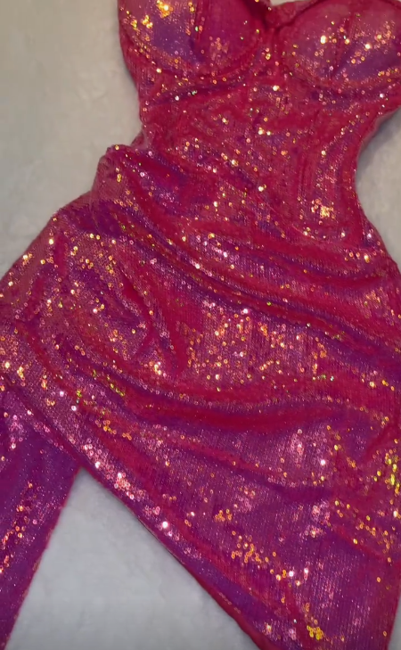 Shiny Bright Pink Strapless Sweetheart Neck Sequin Mermaid Short Ball Gown Evening Dress HZ1024