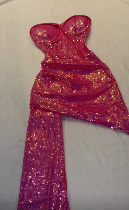 Shiny Bright Pink Strapless Sweetheart Neck Sequin Mermaid Short Ball Gown Evening Dress HZ1024