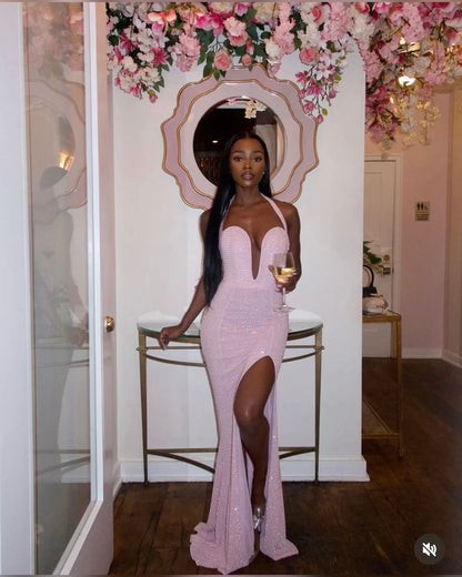 Sexy Pink Off Shoulder Sleeveless Slit Long Party Dress Prom Dress HZ1024