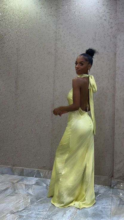 Chic Yellow High Neck Off Shoulder Sleeveless Long Ball Gown Evening Dress HZ1024