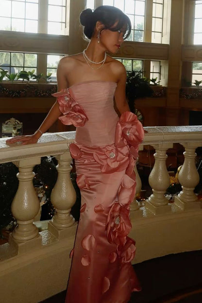 Elegant Pink Strapless Tulle 3D Flower Beaded Satin Mermaid Ball Gown Evening Dress HZ1024