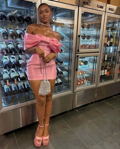 Sweet Pink Satin Bow Off-the-shoulder Bodycon Mini Birthday Party Dress Homecoming Dress HZ1024