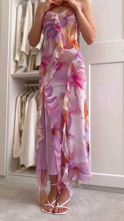 Elegant Purple Printed Spaghetti Strap Chiffon Slit Ball Gown Evening Dress HZ1024