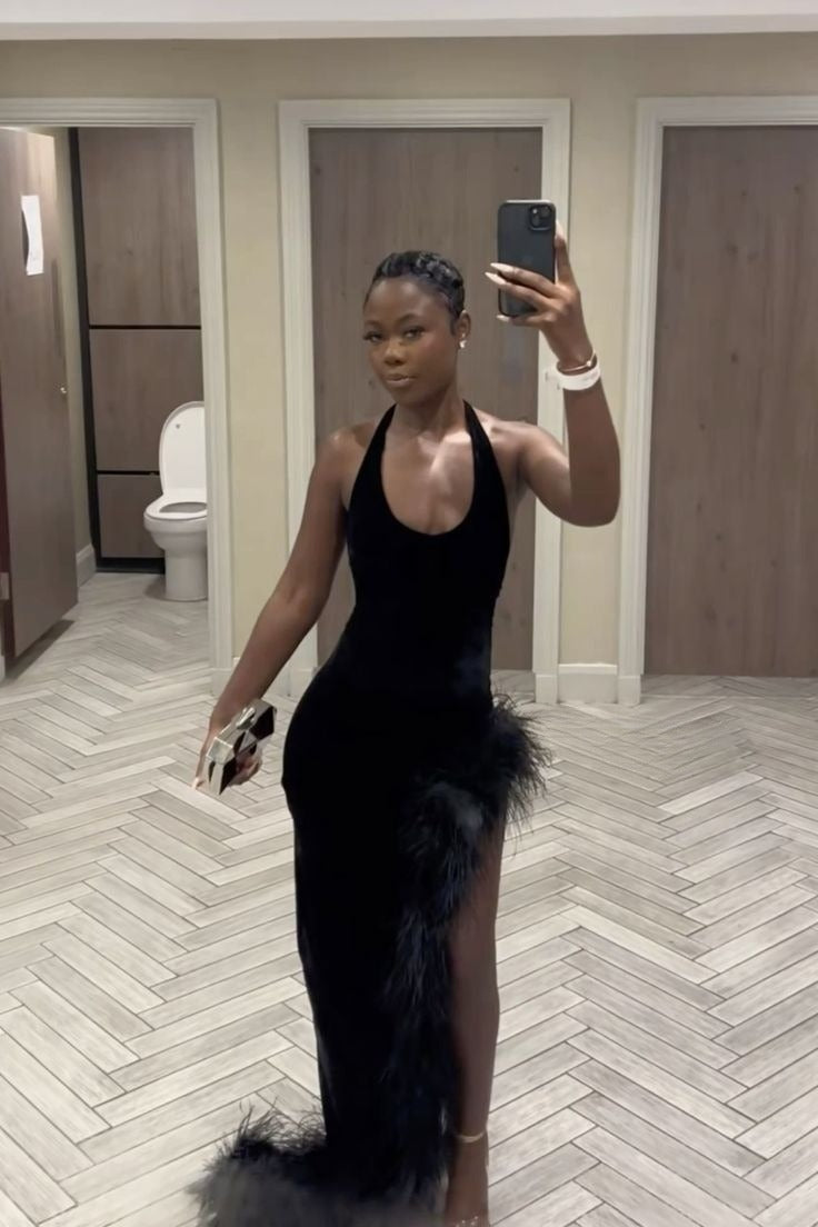 Sexy Black Velvet Halter Neck Side Slit Floor-Mounting Ball Gown Evening Dress HZ1024