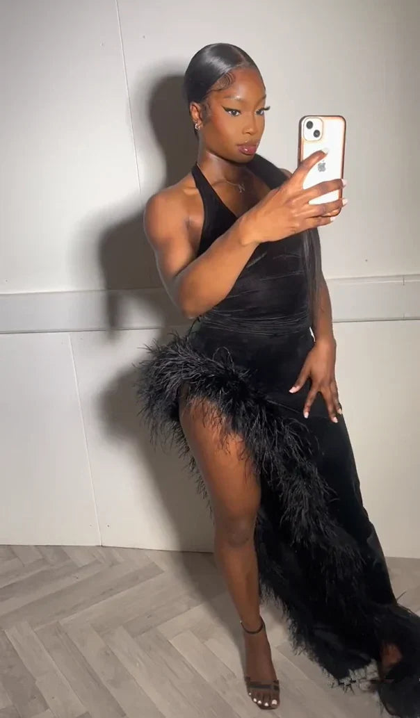 Sexy Black Velvet Halter Neck Side Slit Floor-Mounting Ball Gown Evening Dress HZ1024