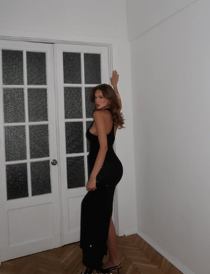 Sexy Black Shiny Round Neck Sleeveless Slit Prom Dress Evening Dress HZ1024