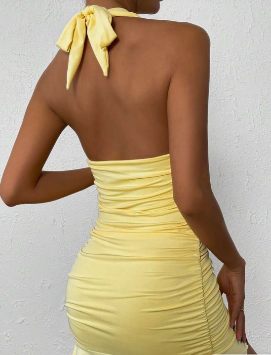 Chiffon Halter Neck Off Shoulder Ruffle Bodycon Mini Prom Gown Party Dress HZ1024
