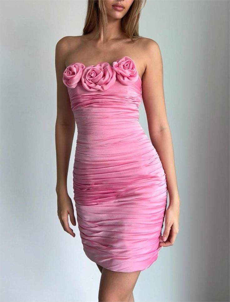 Off-the-shoulder Sleeveless Pink 3D Flower Pleated Mini Ball Gown Evening Dress HZ1024