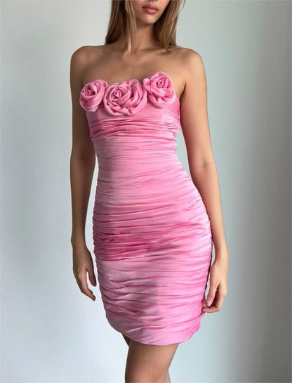 Off-the-shoulder Sleeveless Pink 3D Flower Pleated Mini Ball Gown Evening Dress HZ1024