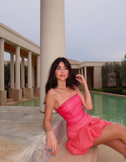 Sweet Pink Puff Skirt Strapless Tulle Mini Birthday Party Dress Homecoming Dress HZ1024